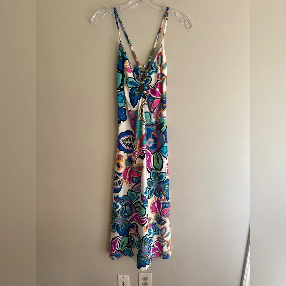 Trina Turk Mandalay Floral Cut Out Back Swim Jersey Cover Up Midi Dress M